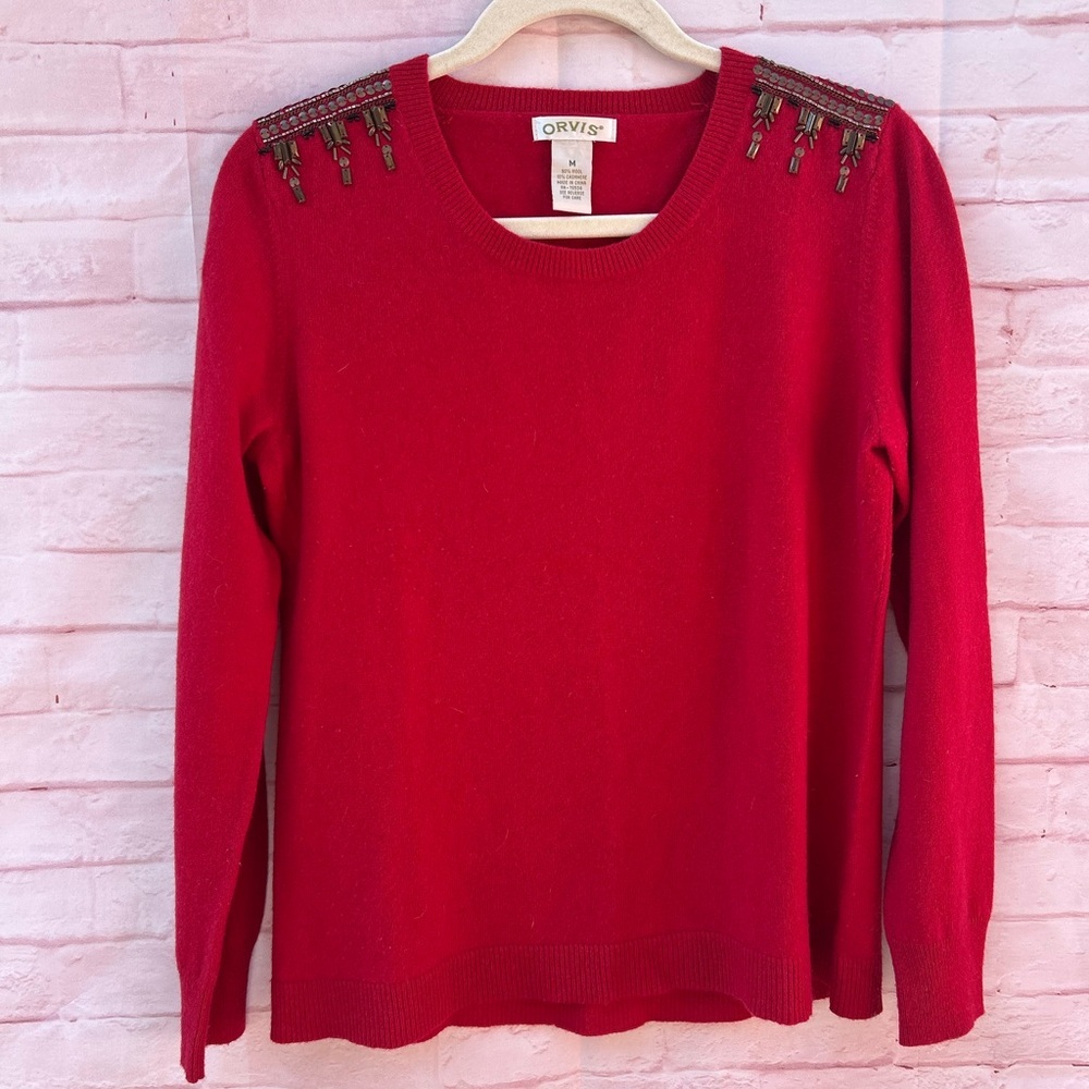 VTG Orvis size M wool cashmere blend beaded red holiday soft sweater